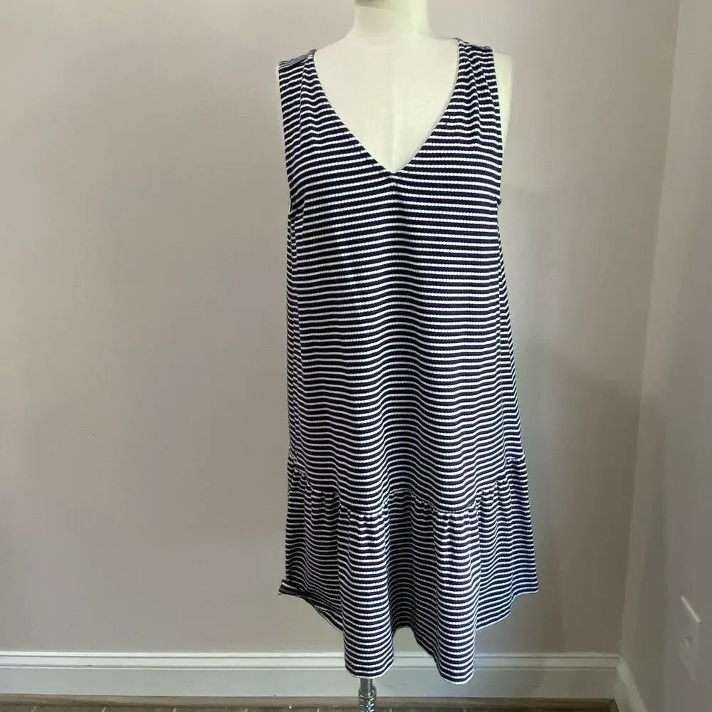 Loft Stripes Navy Blue & White Lightweight Double V Flounce Dress Sz Large - Picture 3 of 13